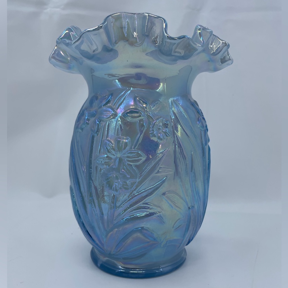 Fenton Light Blue Iridescent Art Carnival Glass Ruffled Top Vase Daffodil USA